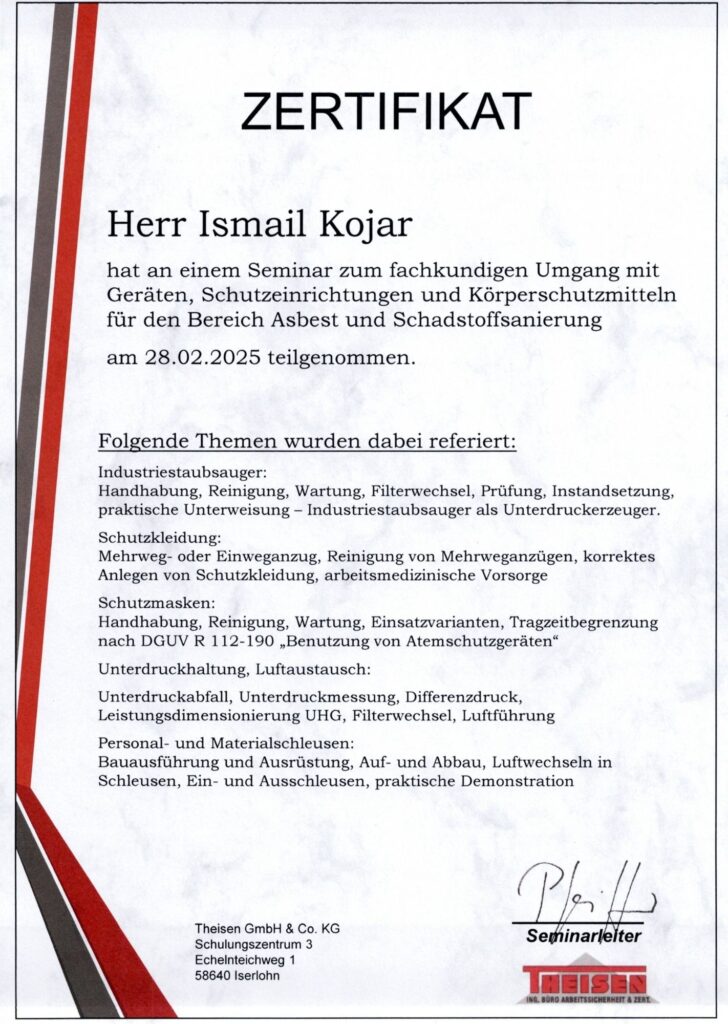 Zertifikat Schutz Asbest Ismail Kojar