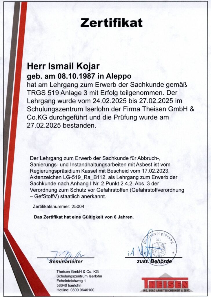 Zertifikat TRGS 519 Ismail Kojar